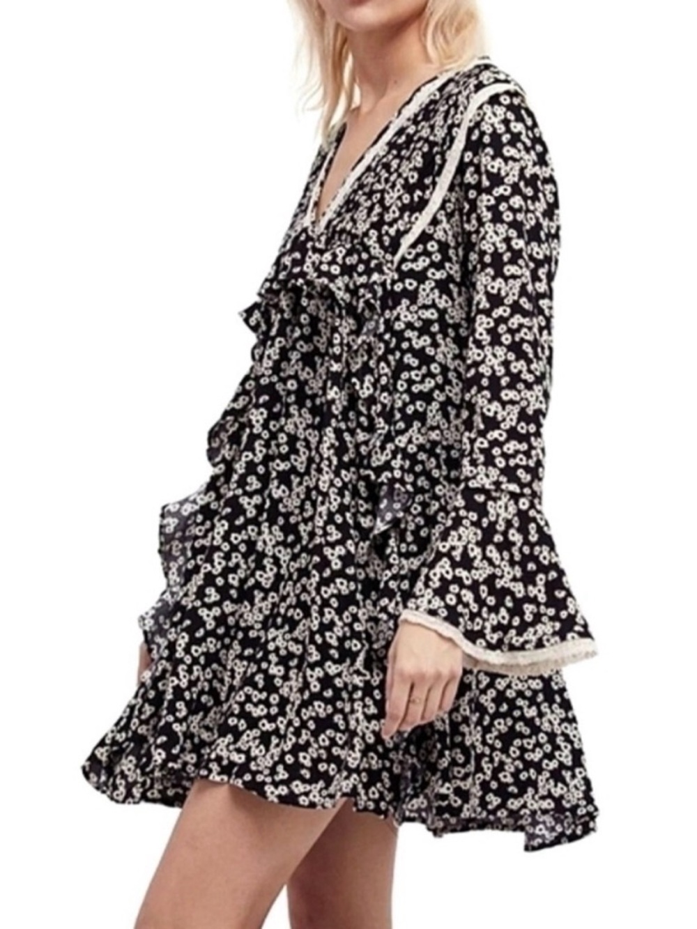 Boho Free People Black and White Floral Zip-Front Dress